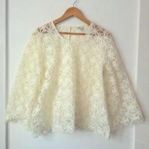 Retro Cream Floral Lace Blouse Womens L Sheer Boho Cottagecore Romantic Festival